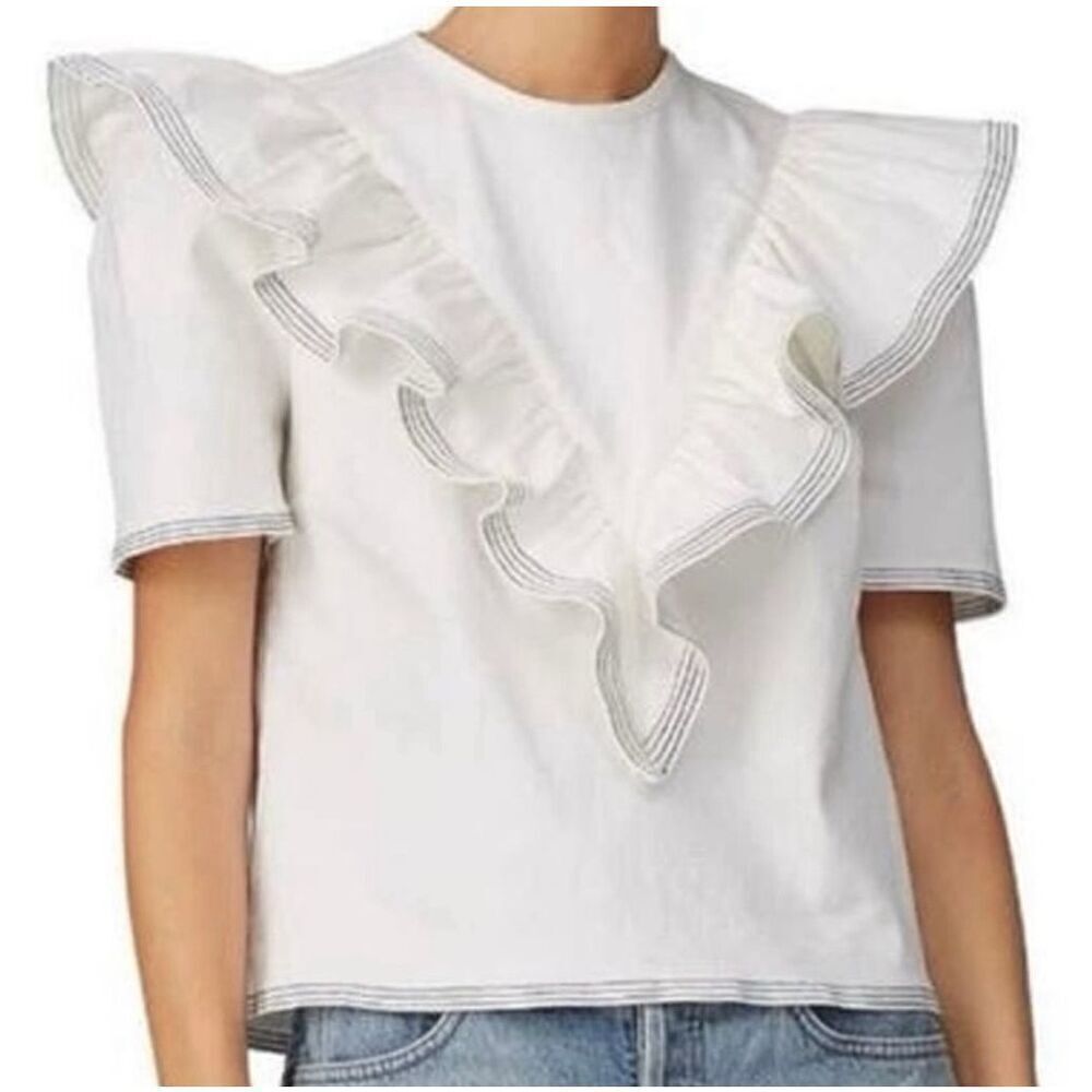 Saylor Anthropologie Harriette Denim Ruffle Sailor Top Size Small